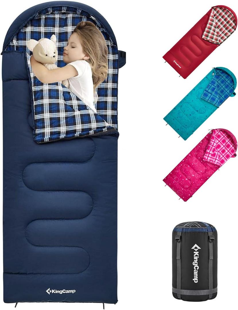 KingCamp 45F Kids Sleeping Bag, Lightweight Waterproof & Compact Flannel Sleeping Bags Cold Weather & Warm Youth Essentials Gear Accessories for Camping, Fits 10-12 Children up to 5'5" Tall (66.9" x 27.5", 8.6F ~44.6F Navy Left)