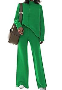 AOHITE Womens 2 Piece Outfit Sets Knit Pullover Sweater Top and Wide Leg Pants Lounge Sweatsuit Tracksuit Green Small