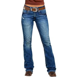 Flamingals Bootcut Jeans for Women Mid Rise Stretchy Ripped Western Distressed Jeans Butt Lifting Denim Pants Without Belt (Medium, Navy Blue)