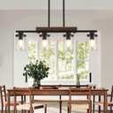 29.3'' Kitchen Island Light Fixtures, 4-Light Dining Room Light Fixture Chandelier Over Table, Black Modern Rustic Wood Ceiling Pendant Light Fixtures, with Clear Glass Shade, Farmhouse Chandelier