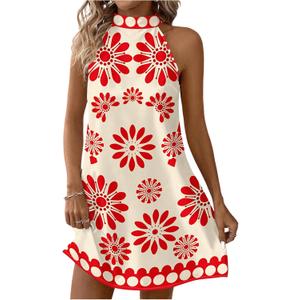 Floerns Women's Sleeveless Floral Print Sundress Halter Neck A Line Short Dress (L, Red and Beige)