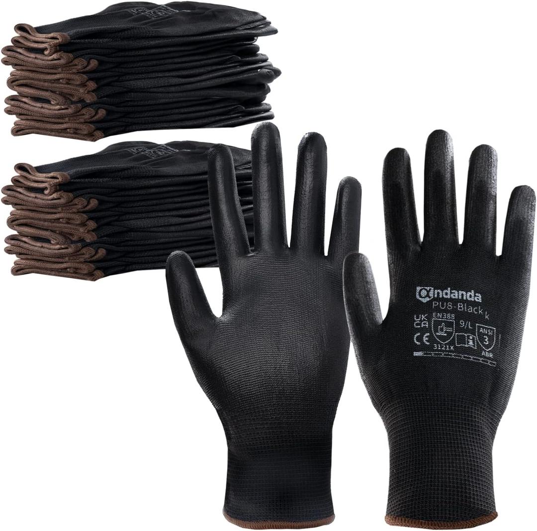 ANDANDA Safety Work Gloves, Seamless Knit Gardening Gloves with PU Coated, Ideal Work Glove for Men, Warehouse, Garden, Black (Large)