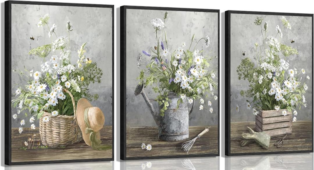 4 x 3pcs Country Daisies Poster Wall Art Countryside Flower Painting Picture Wall Decor Farmhouse Still Life Basket Poster Print Artwork for Bathroom Bedroom Home Decoration 12x16in