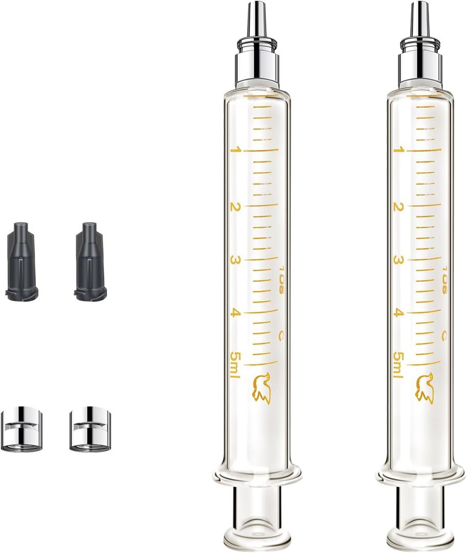 2Pack 5ml/cc Glass Syringe With Metal Luer Lock and Caps for Liquid, Borosilicate Glass Syringe for Oil or Glue Applicator,No Needle