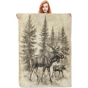 Vintage Moose Blanket Gifts for Adults Kids Soft Warm Lightweight Cozy Flannel Animal Rustic Pine Forest Throw Blankets for Bed Sofa Couch Living Room Decor 50x60in (Color12)