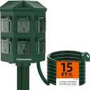 Outdoor Power Stake with 15ft Extension Cord Waterproof, Outdoor Power Strip with Covers, 6 Grounded Outlets for Christmas Lights, 15A/1875W, ETL Listed