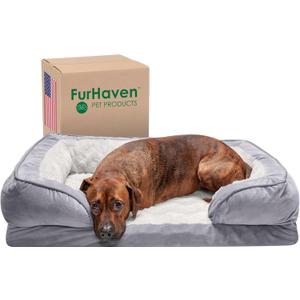 Furhaven Memory Foam Dog Bed for Large/Medium Dogs w/ Removable Bolsters & Washable Cover, For Dogs Up to 55 lbs - Plush & Velvet Waves Perfect Comfort Sofa - Granite Gray, Large (Large, Granite Gray)