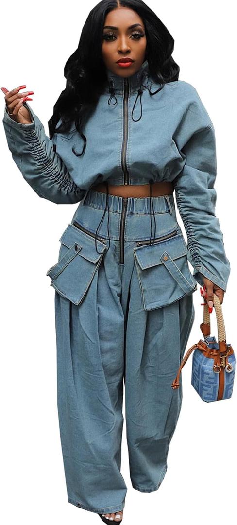 Angsuttc Womens Two Piece Sets Denim Outfit Ruched Long Sleeve Zip Up Cropped Jean Jacket Wide Leg Pants Chic Set (Large, Blue)