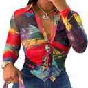 LovelyWholesale Women Sexy Button Down Shirts Long Sleeve Collared Tie Dye Tops, L