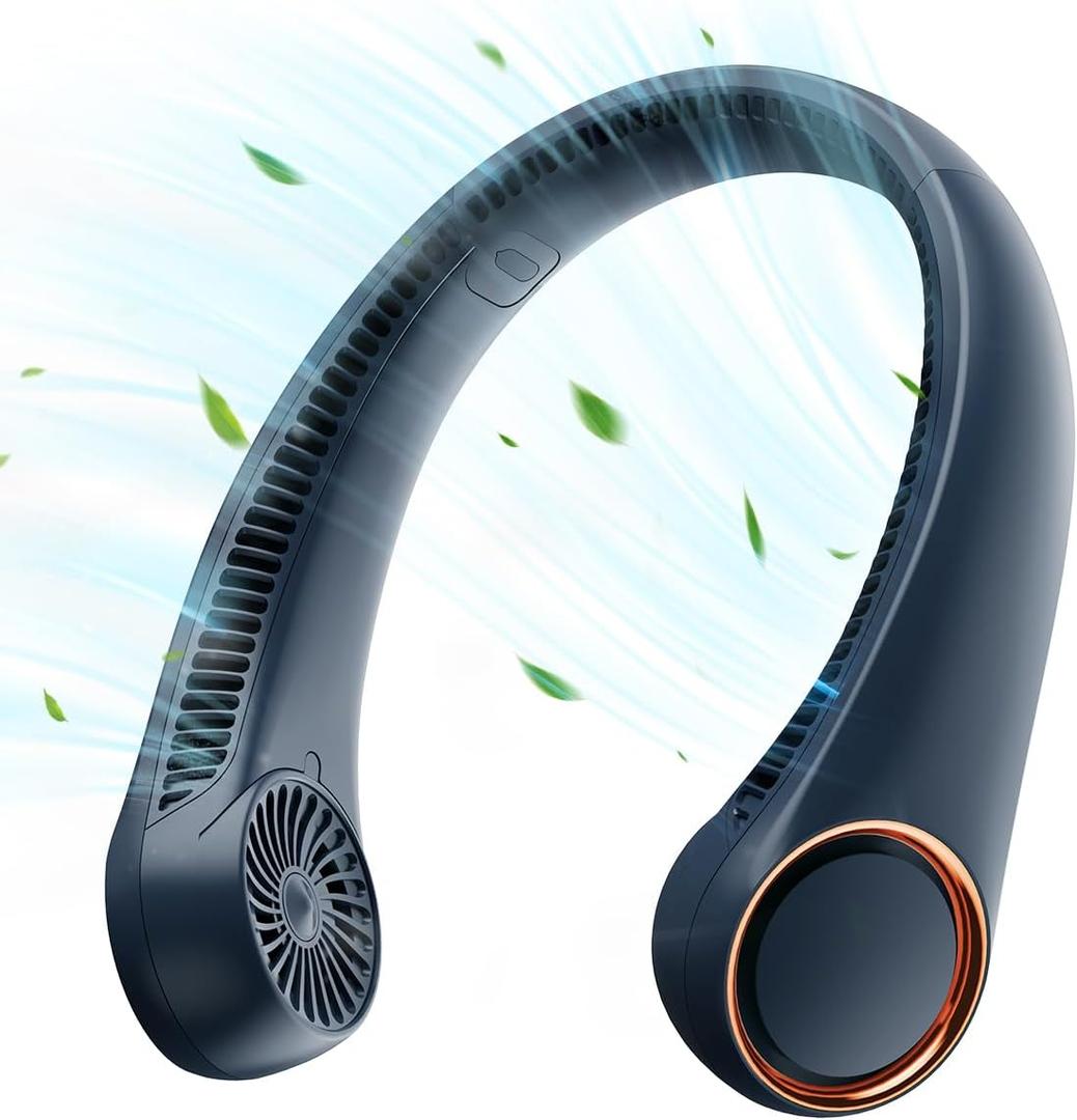 Gaiatop Ventilador de cuello porttil recargable, refrigeracin de 360 manos libres, 17 horas de funcionamiento, ventilador personal porttil alimentado por batera, esenciales de viaje al aire libre (Azul)