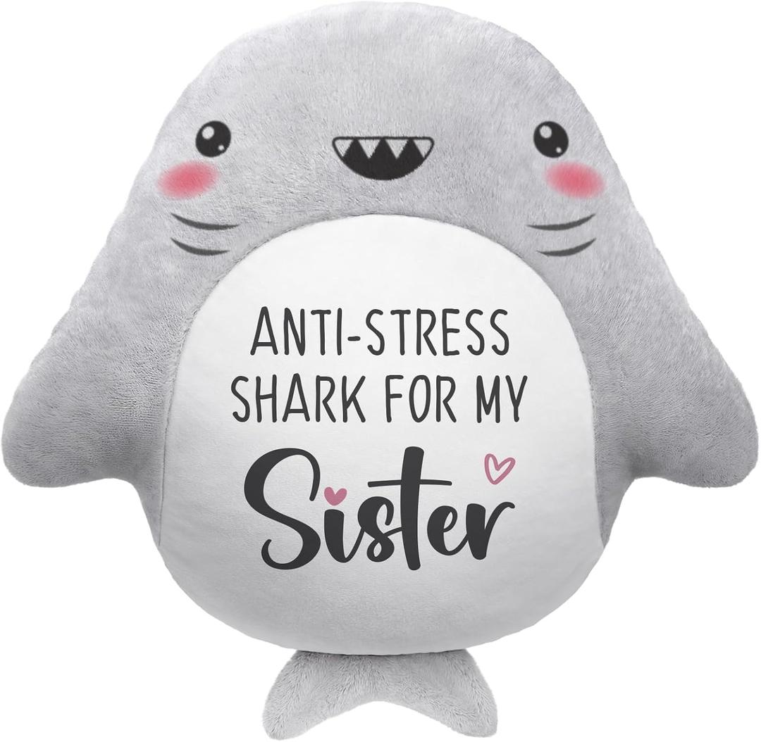 Sister Birthday Gifts - Throw Pillow, Valentines Birthday Gifts for Sister in Law Adult Sis Bestie Friends Women, Funny Sisters Gift from Brother Sis Sibling, Shark Plush Stuffed Animal 15