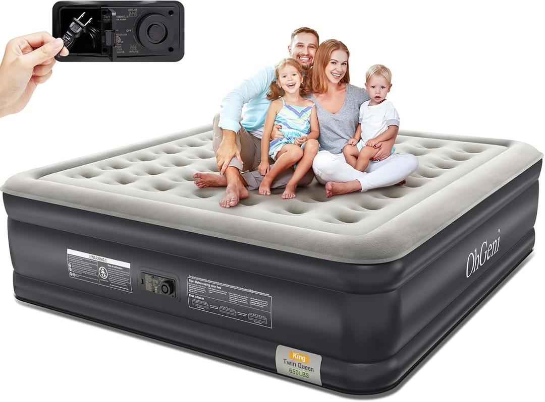 OhGeni King Air Mattress with Built-in Pump,18'' Comfortable Blow Up Colchones Inflables Mattress for Home, Guests, Foldable Air Bed,Portable Bed for Adults,Durable Airbed Supports Up to 650 lbs, Black