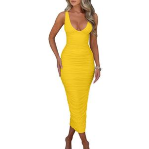 BEAGIMEG Women's Sexy Ruched Sleeveless Deep V Elegant Cocktail Evening Party Maxi Dress (Medium, Yellow)