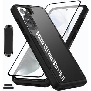 for Galaxy S21 Plus/S21+ 6.7 Inch Double Layer Hybrid Military Grade Rugged Shock Resistant Drop Case with 1 PCS Magnetic Car Mount and 1 PCS HD Tempered Glass Screen Protector (Black)