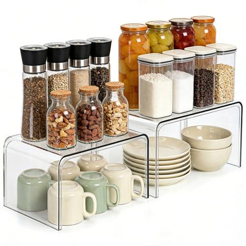 Clear Cabinet Organizer, Shelf Organizer Set of 2 for Kitchen Pantry Organizers and Storage, Display Cabinet Shelf Room Decor Countertop Desk Shelves, Patented Spice Organization for Cabinet