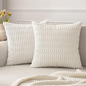 MIULEE Pack of 2 Corduroy Decorative Throw Pillow Covers 18x18 Inch Soft Boho Striped Pillow Covers Modern Farmhouse Home Decor for Sofa Living Room Couch Bed Pure White