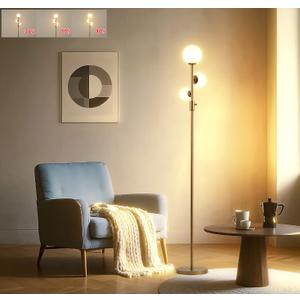 Fiqevs Dimmable 3 Globe Mid Century Modern Floor Lamp, Standing Lamp Gold with 3x800LM LED Bulbs & Eye-Caring Frosted Glass Shade, Tall Floor Light Antique Brass for Living Room, Bedroom, Office (3 Globe Dimmable Gold)