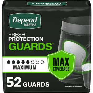 Depend Guards Incontinence Pads for Men, Maximum Absorbency, 52 Count, (New)