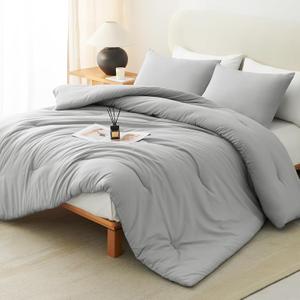 CozyLux Light Grey Comforter Set Queen Size, 3 Pieces Solid Breathable Quilted Style Bedding Sets, Light Gray Luxury Fluffy Bed Set Soft Microfiber Comforter All Season (1 Comforter & 2 Pillowcases)