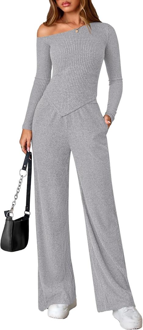 PRETTYGARDEN Fall Two Piece Sets For Women 2026 Off Shoulder Tops Long Pants Knit Matching Lounge Set Airport Travel Outfits(Light Grey,Large) (L)