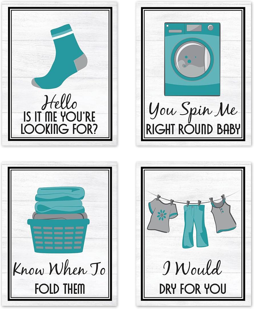 Turquoise Teal Blue Gray and White Retro Vintage Inspirational Laundry Room 70s 80s Music Song Titles Decorations Decor Wall Art for Laundromat Prints Posters Pictures Sign Gifts Rustic Modern