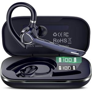 Bluetooth Headset with APTX HD Audio, Wireless HandsFree Earpiece with CVC 8.0/ENC Dual Mic, Mute Button & Dual Device Connection, 90H Playtime SingleEar Headphone for Trucker, Business, Blue‌