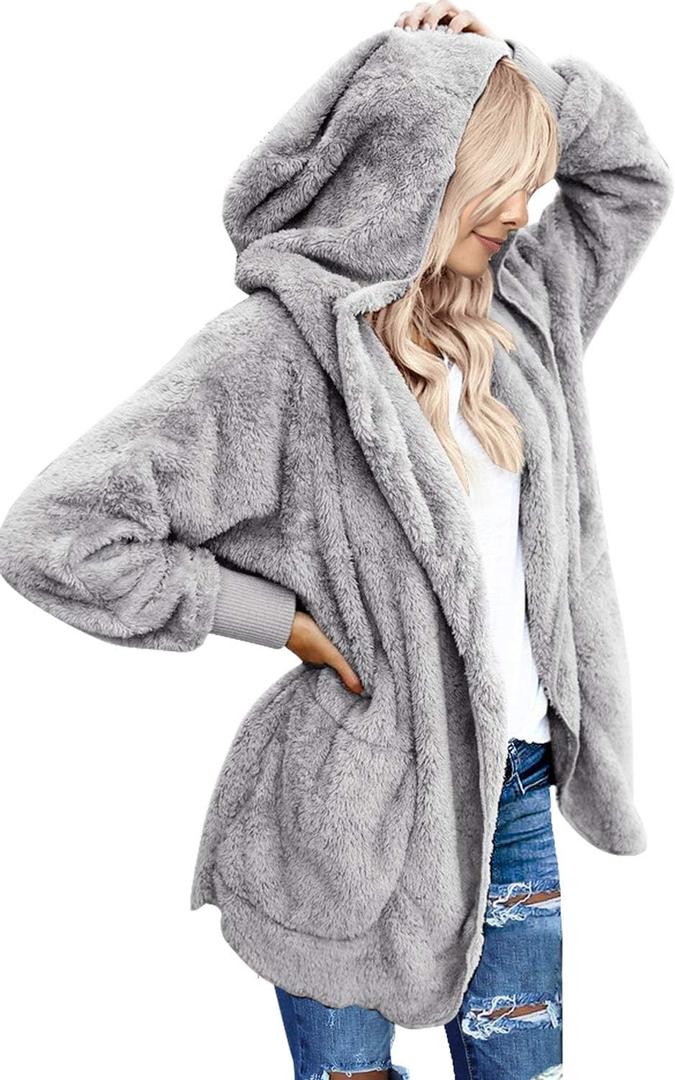 LookbookStore Womens Cardigan 2025 Winter Oversized Open Front Fleece Hooded Draped Pockets Jacket Coats (XX-Large, A Light Grey)