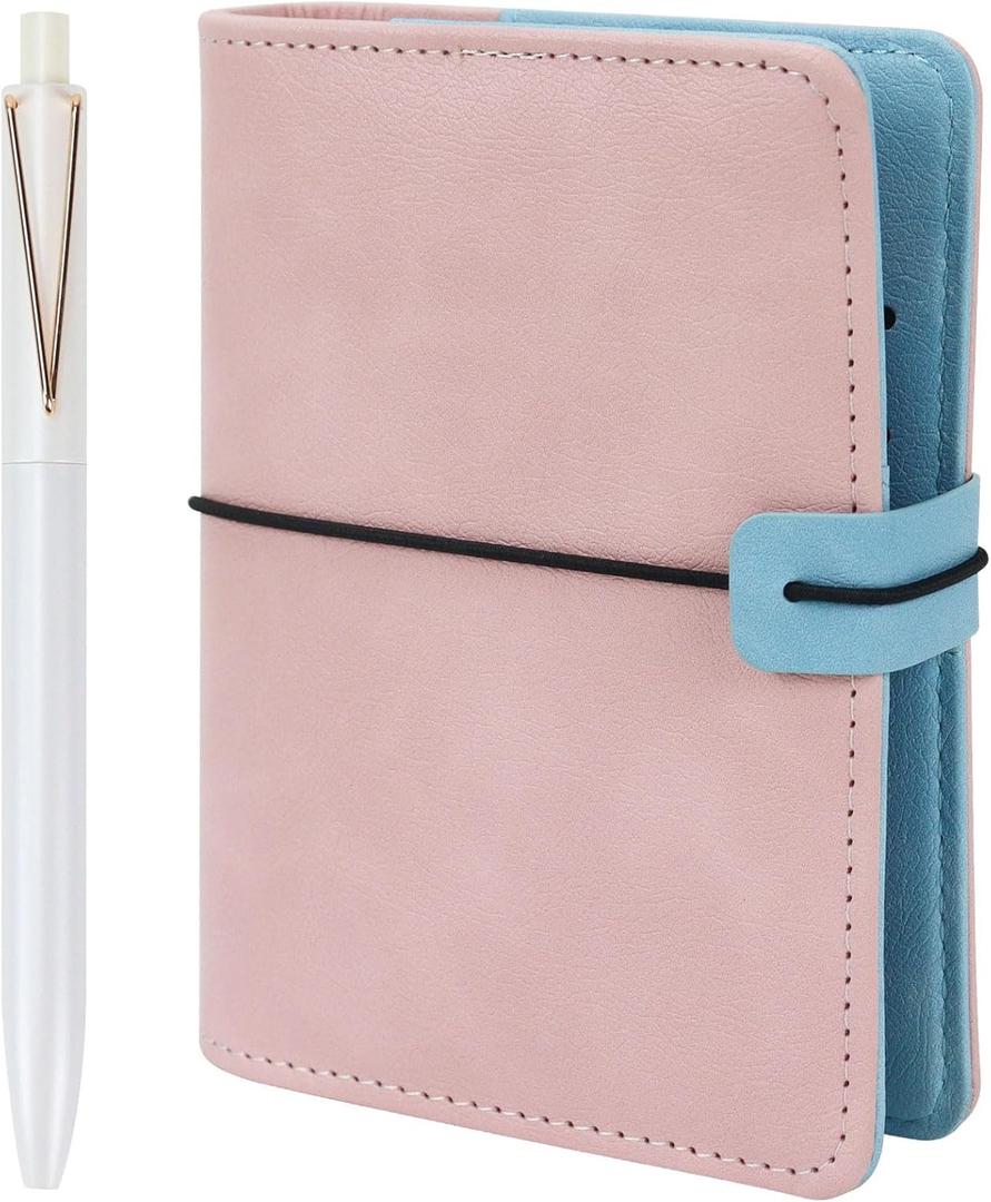 MultiBey A7 Refillable 6 Ring PU Leather Binder, Mini Padfolio Binder Notebook Cover for A7 Filler Paper, Loose Leaf Personal Planner Cover with Zip Wallet Bag and Pen, A7 Budget Binder (Pink)