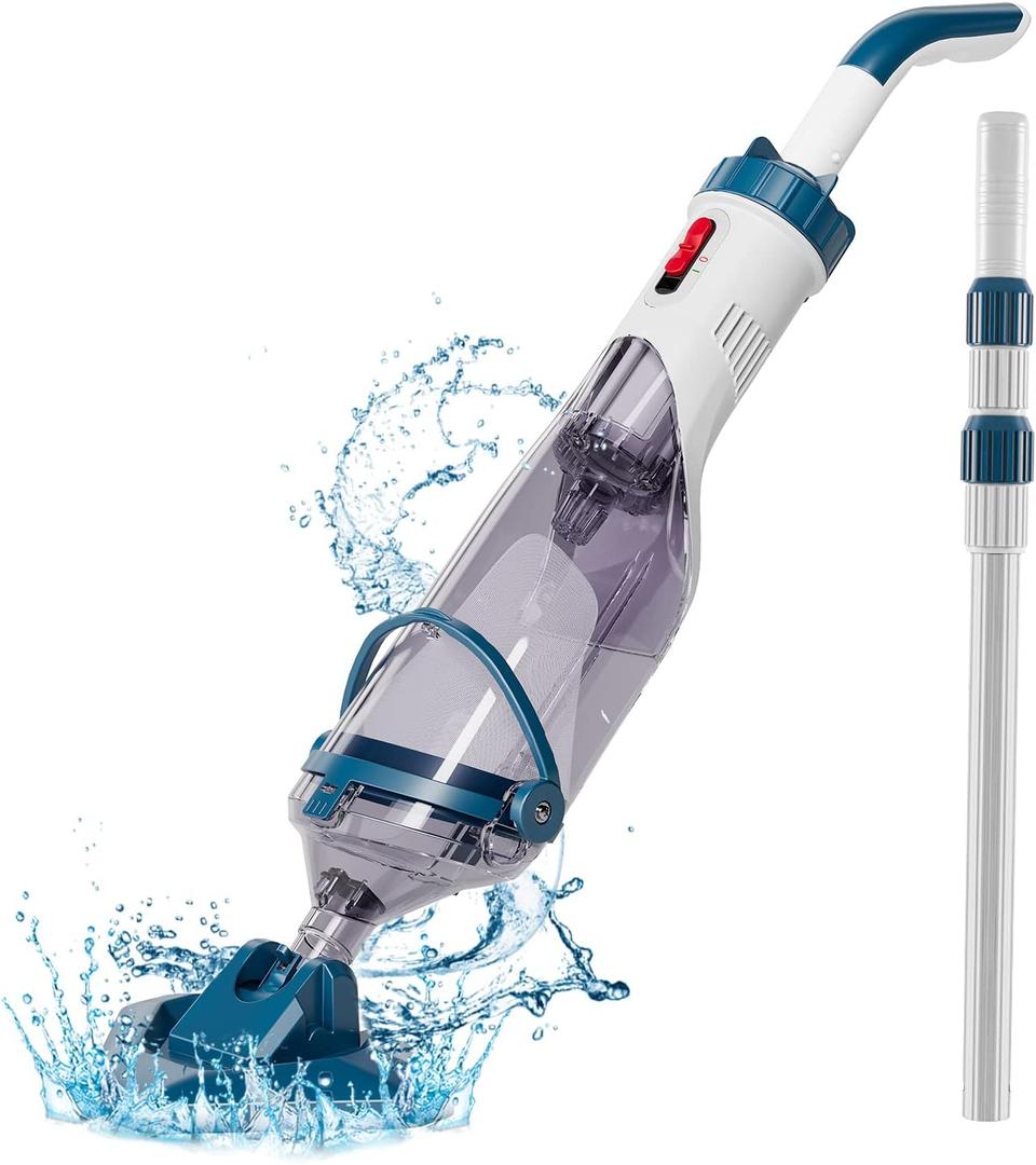 Pool Vacuum for Above Ground Pool with a Telescopic Pole, Running time up to 1H, Handheld Rechargeable Pool Cleaner with Powerful Suction up to 18.5 gallons/min, Ideal for Leaves & Debris, PC10