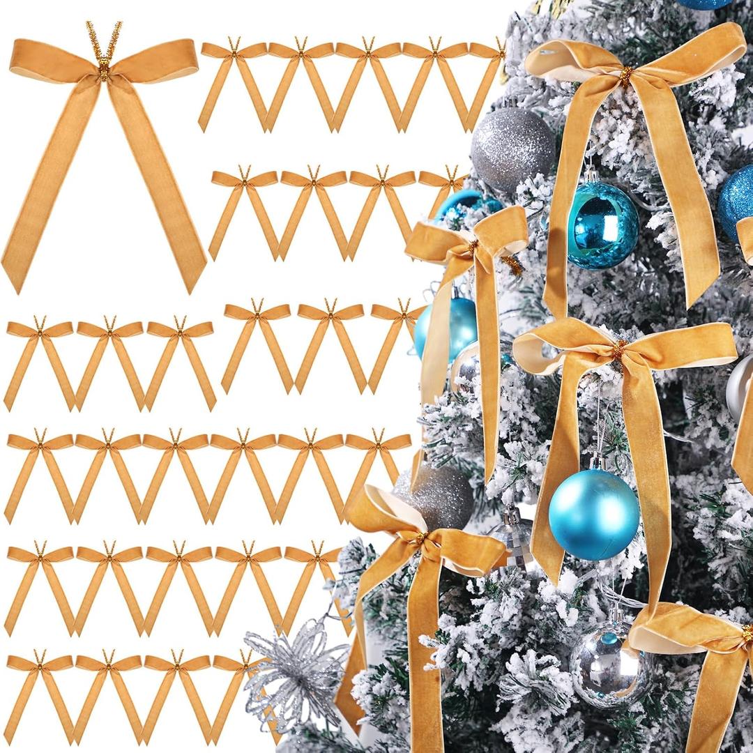Riceshoot 30 Pcs Christmas Velvet Bow, 6 x 8 Inch Rustic Crafts Gift Bows Nice for Christmas Tree, Garland, Large Gifts, Parties, Indoor or Outdoor Decorations(Khaki)