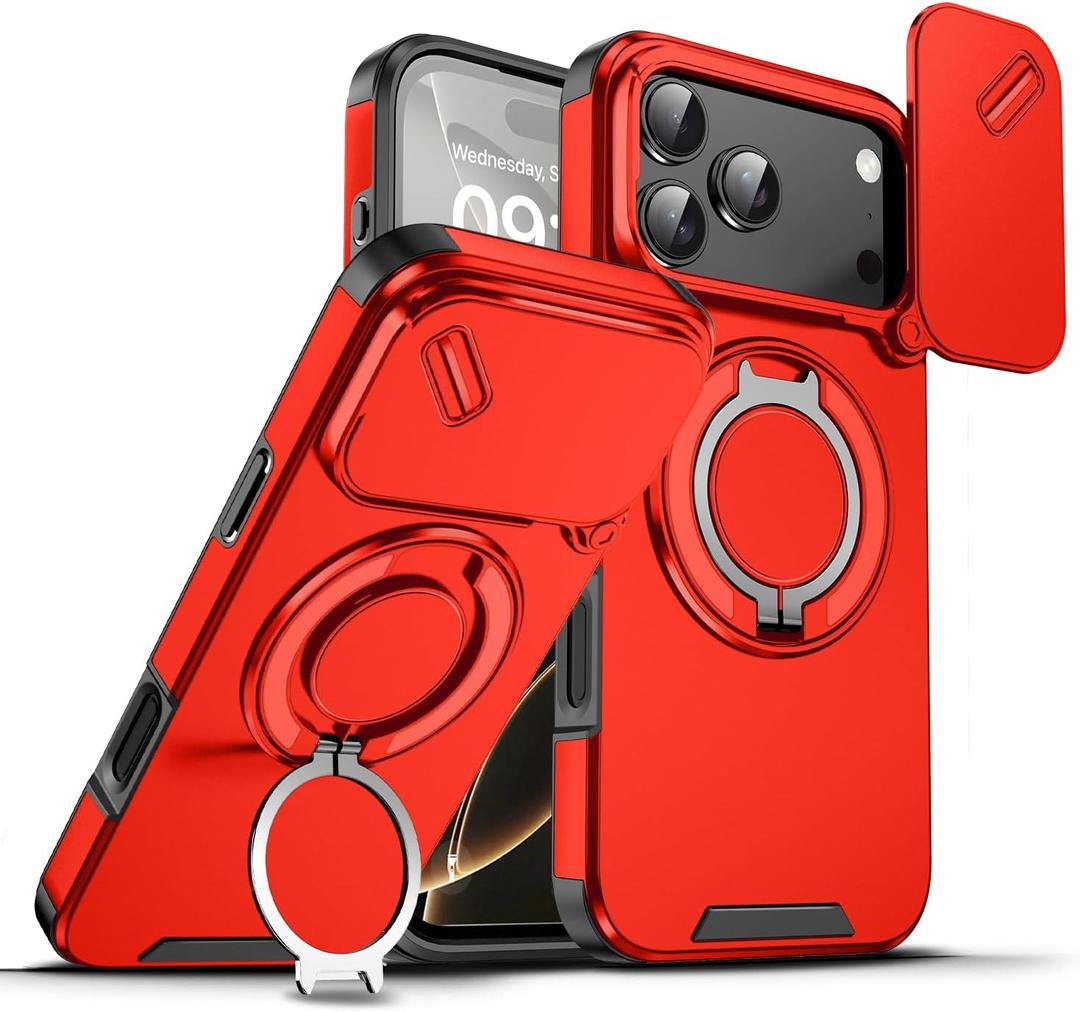 Heavy Duty Series Designed for iPhone 17 Pro Max Case,Rugged 360 Rotatable Ring with Invisible Holder Stand,Slide Camera Cover & Military Grade Drop Protection Shockproof,Red