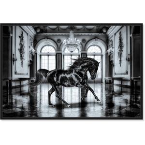 Country Farmhouse Canvas Print Painting Animal Wall Art 'Elegant Black Ballroom Horse' Black Framed Canvas Rustic Home Décor 45x30 in Black, Gray by Oliver Gal