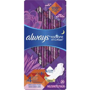 ALWAYS Radiant, Size 4, Overnight Sanitary Pads With Wings, Scented, 20 Count