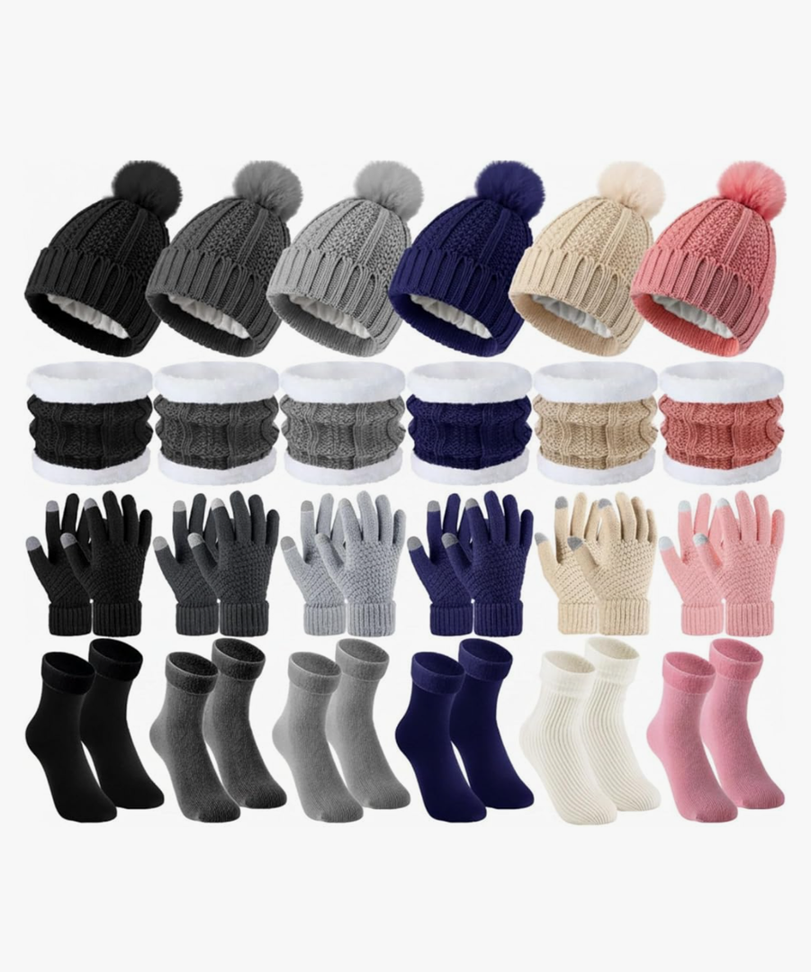30 Pcs Winter Beanie Scarf Gloves Socks Set for Women Men, Fleece Lined Neck Warmer Touchscreen Glove Earmuff Gift