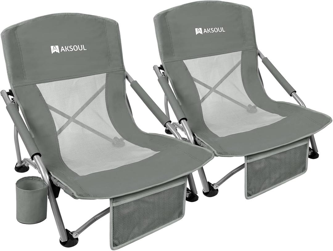 AKSOUL Folding Beach Chair for Adults: Low/High Back Chairs with Carry Bag - Extra Wide Seat Chair with Comfortable Pillow & Storage Pocket (1 Pack & 2 Pack, Blue), 23" x 23" x 24"