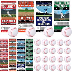 Realspring 24 Set Baseball Valentines Day Cards Gifts for Kids Classroom 24 Pcs Mini Foam Stress Baseball and 24 Pcs Class Exchange Card for Valentines Goodie Bag Stuffer School Sport Party Favors