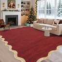 GarveeHome Washable Rug 9x12 Area Rug for Bedroom Farmhouse Scalloped Living Room Rug Non Slip Large Area Rug Low Pile Throw Rugs Stain Resistant Carpet for Dining Room, Red 9'x12'