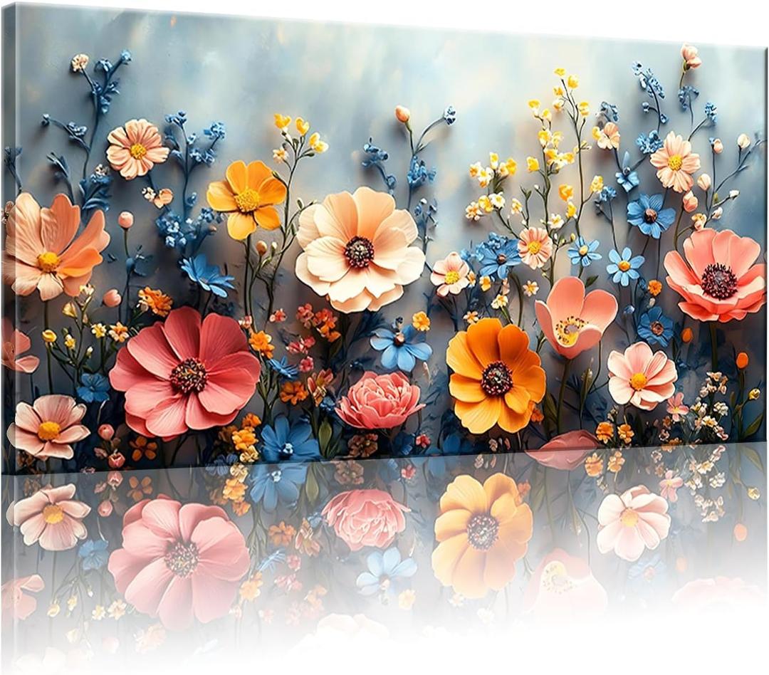GYJAGHL Floral Canvas Wall Art, Wall Art for Living Room, Farmhouse Decor for Bedroom OfficeLandscape Pictures, Modern Wildflower Garden Print, Pink Orange Blue Flowers, Modern Home Decor Posters 20" x 40"