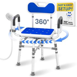 Swivel Shower Chair with Arms and Back, 550 LBS Heavy Duty Shower Chair, Handicap Shower Chair for elderly and disabled, Shower Chair for Inside Shower Stall & Bathroom Bath Tub Seats Adjustable Stool (Large)