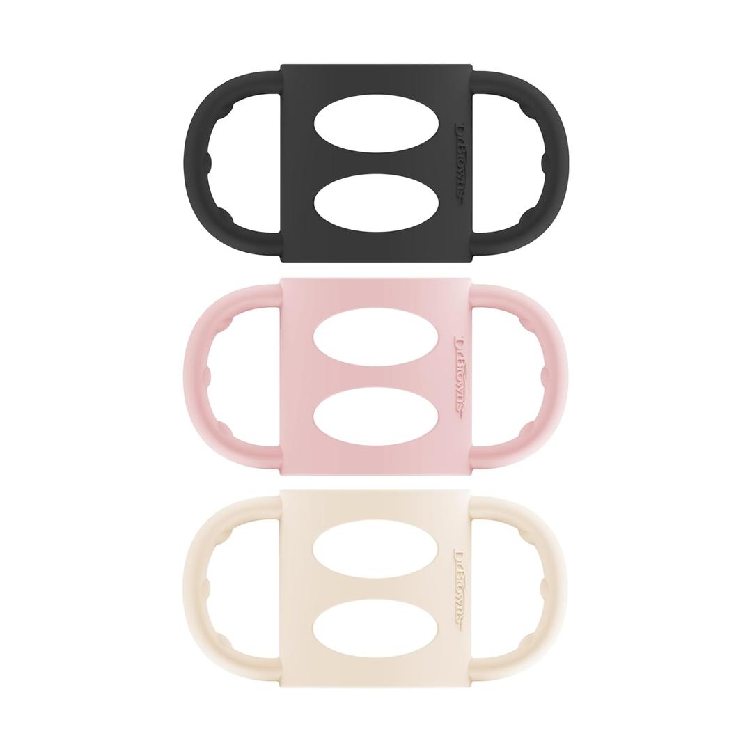 Dr. Brown's Narrow Baby Bottle Handles, 100% Silicone, Easy Grip Removable Handles for Bottle to Sippy Cup Transition, Black/Ecru/Pink, 3-Pack
