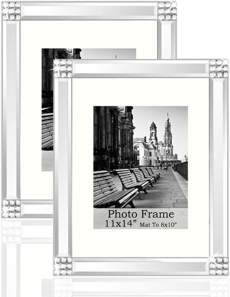 Meetart Standard Flat Silver Mirror Picture Frame 11x14 Inch With Mat For 8x10 Photo, Set Pack of 2 Piece, Wall Hang Portrait Or Landscape for Wall Decor Upgrade With Better Package