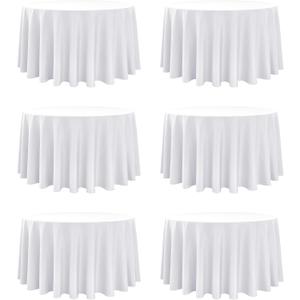 6-Pack White Round Tablecloths, 120 Inches, Stain-Resistant Polyester for 5-6 Ft Round Tables - Washable Table Covers for Weddings, Banquets, Birthday, Parties, Events