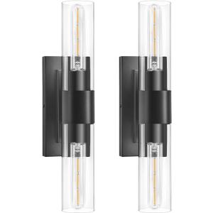 Black Wall Sconces Set of Two,Modern Bathroom Light Fixtures,2-Light Sconces Wall Lighting with Thickened Tempered Clear Glass,19 in Indoor Hardwired Wall Lights for Bedroom,Mirror, E26 Base