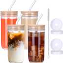 AuroTrends 24oz Glass Cups with Lids and Straws 4 Pack- Reusable Glass Tumbler with Straw and Lid/Smoothie Cups with Blamboo& Plastic Lids for Smoothies, Iced Coffee, Boba Tea (720ml, Set of 4)