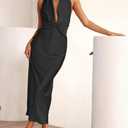 Summer Sexy Satin Backless Halter Maxi Dress for Women Elegant Sleeveless V Neck Twist Wedding Guest Dresses Cocktail (Black, XL)