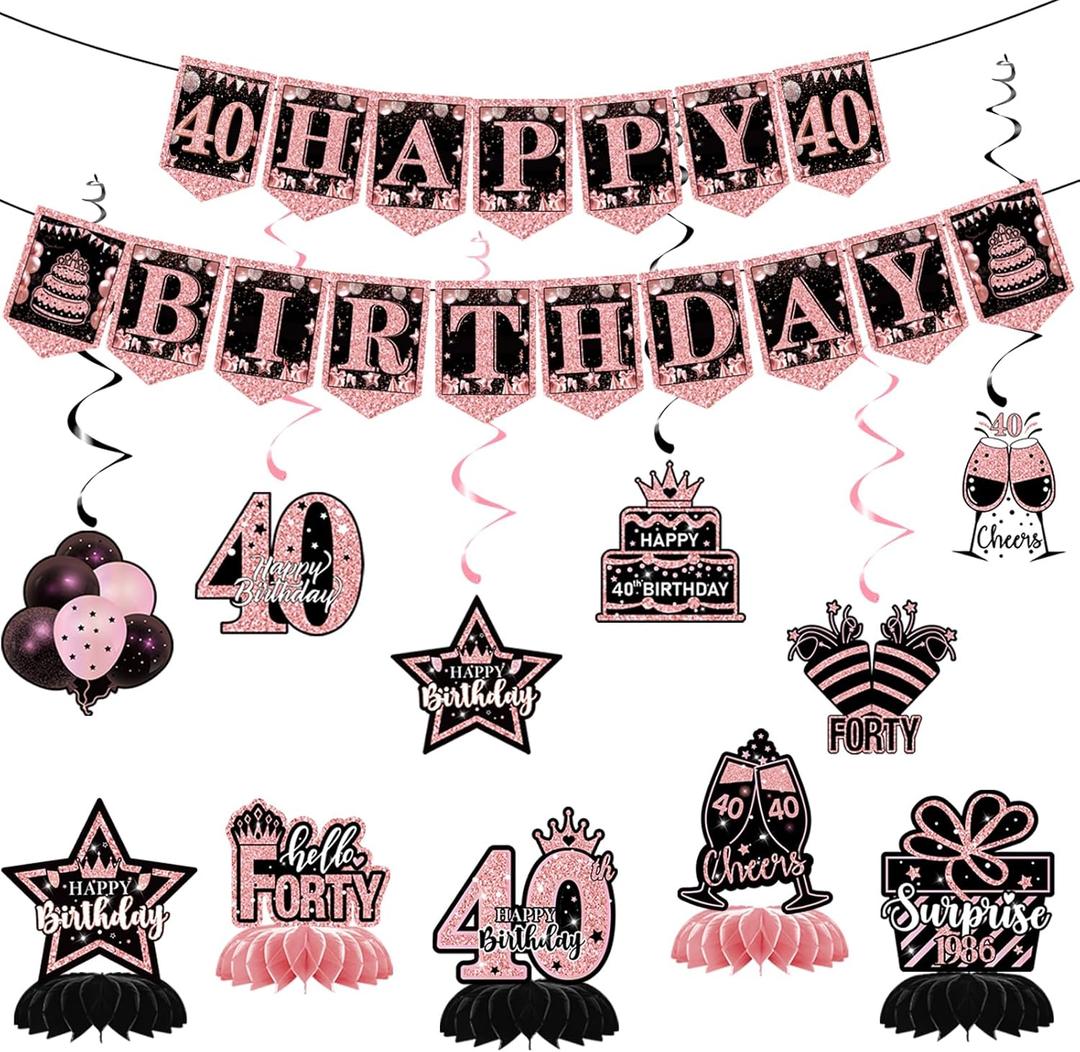 40th Birthday Decorations - 12 PCS Rose Gold Happy 40th Birthday Banner 40th Hanging Swirls Streamers Surprise 1986 Honeycomb Centerpieces Table Decorations for Birthday Party Supplies Favors