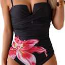 Eomenie Women's Push Up Wrap Front Swimsuit One Piece Tummy Control Bathing Suits Bandeau Support Slimming Swimwear (Black and Red Printed) L
