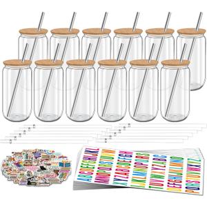 16 oz Clear Plastic Cups Reusable with Bamboo Lids and Straws & DIY Sticker, 12Pack Acrylic Mason Jars Iced Coffee Drinking Glasses Cup for Park Picnic, Poolside, Party Giveaways
