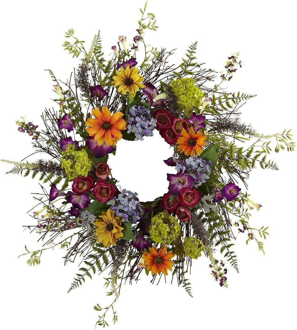 Nearly Natural 24-Inch Spring Garden Wreath with Twig Base, Multicolored/Green