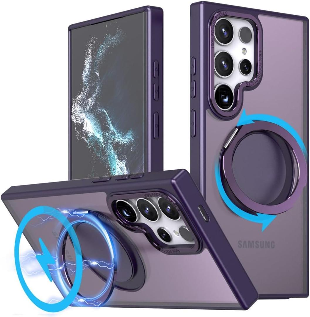 for Samsung Galaxy S22 Ultra/S23 Ultra Case with Stand, 360Rotatable Magnetic Ring Kickstand, Compatible with Magsafe, Military Grade Shockproof Translucent Protective Case - 6.8 inch, Purple